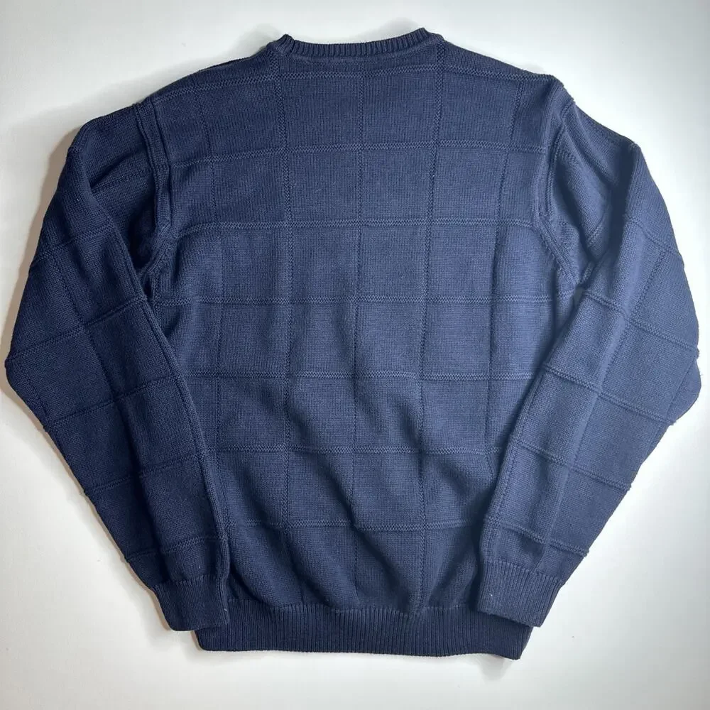Vintage IZOD Sweater Mens Medium Navy Blue Textured Knit Crewneck Fisherman 90s